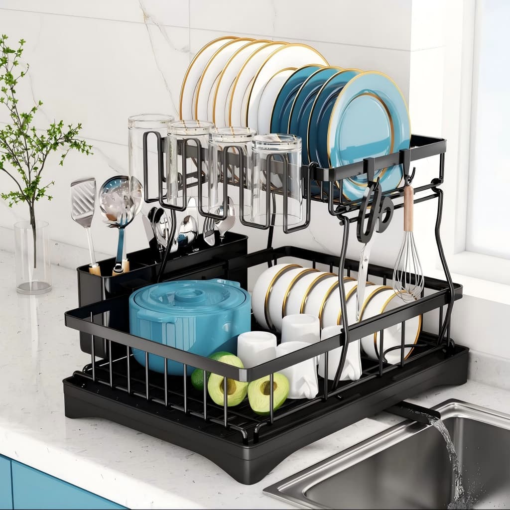 Escorredor De Pratos Em Aço Inox 2 Andares Com Dreno Prateleira De Pratos Drenagem Automática