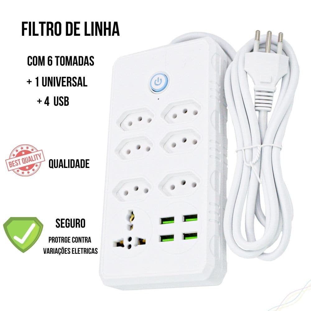 Filtro de Linha 7 Tomadas + 4 USB – Bivolt, Cabo de 2m