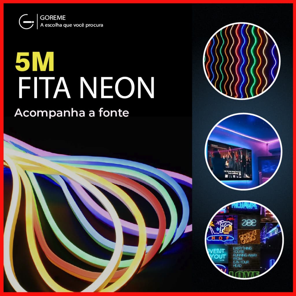 Fita de LED Neon Flexível 5 Metros IP65 – 8 Cores