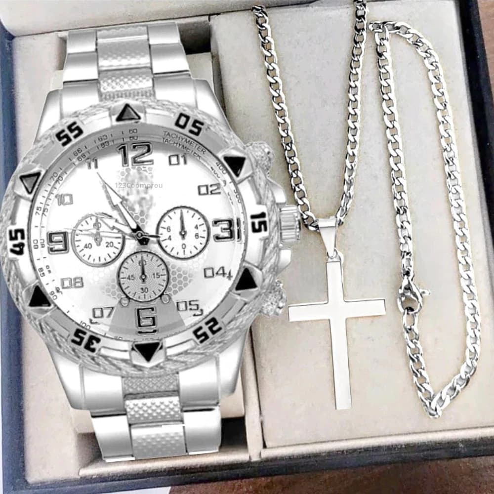 Kit Relógio Masculino Aço Inox Resistente a Água Com Corrente Cruz e Pulseira - Miniatura