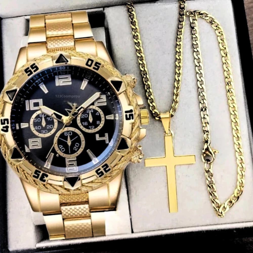 Kit Relógio Masculino Aço Inox Resistente a Água Com Corrente Cruz e Pulseira - Miniatura