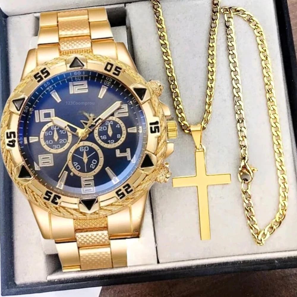 Kit Relógio Masculino Aço Inox Resistente a Água Com Corrente Cruz e Pulseira - Miniatura