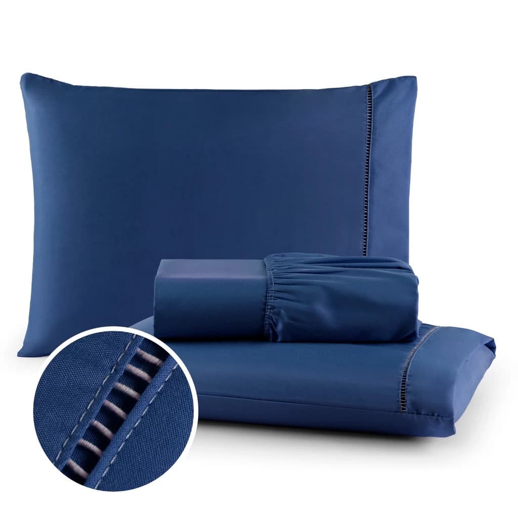 Jogo de Lençol Cama Casal Queen King Solteiro Berço 400 Fios Micropercal Com Fronha em Ponto Palito - Miniatura