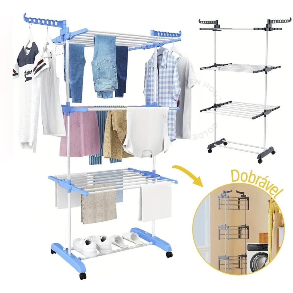 aral De Chão Torre 3 Andares Retrátil Compacto, Dobrável e com Rodinhas