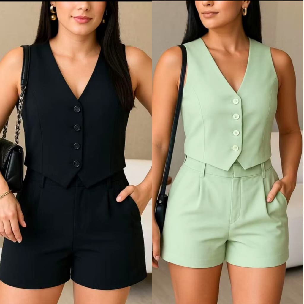 CONJUNTO FEMININO SOCIAL EN ALFAIATARIA PERFEITO PARA TRABALHO OU PASSEIO COLETE E SHORTS