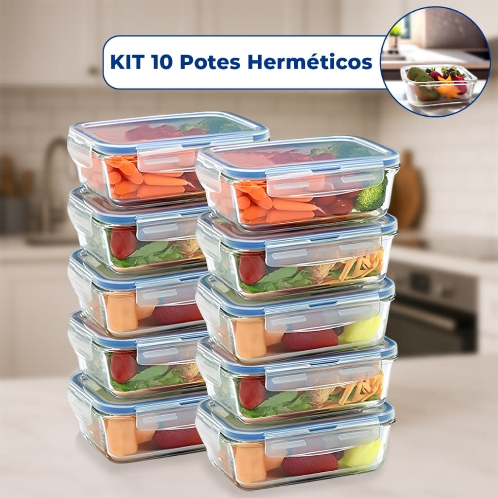 Kit 10 Pote de Vidro Hermético Retangular 4 Travas Marmita Fit Microondas Mantimentos
