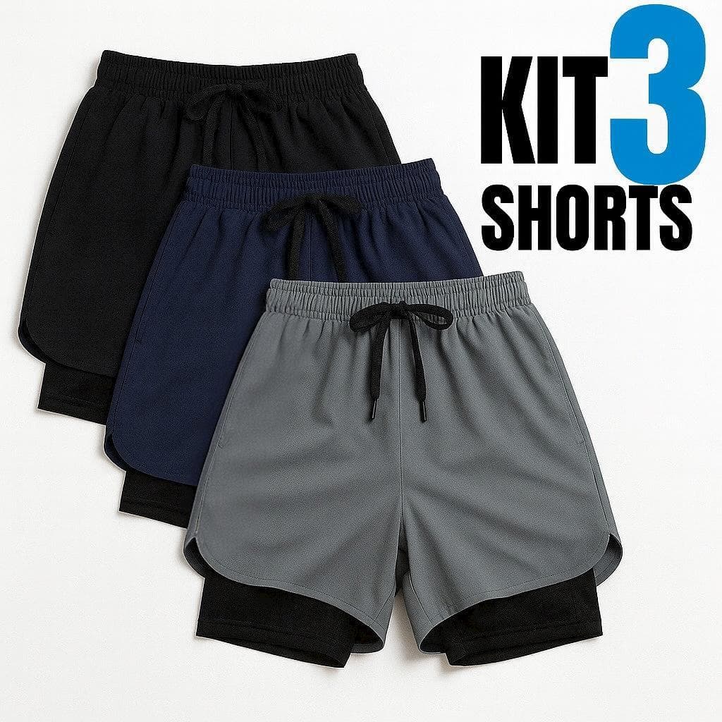 Kit 3 Shorts 2 em 1 Iron Bull Dry Masculino Corrida e Academia com Forro de Compressão